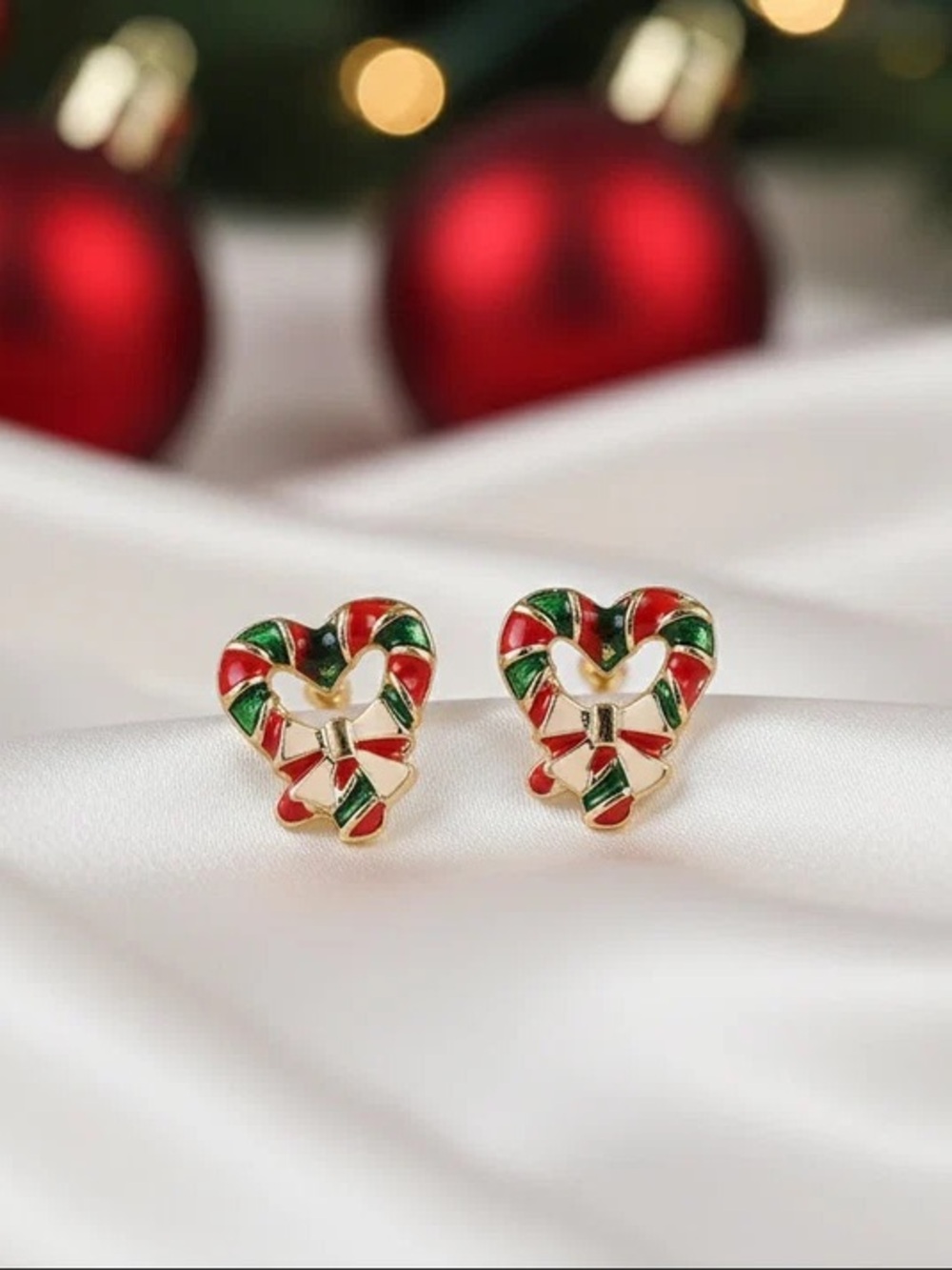 Holiday Candy Cane Heart Stud Earrings in Red & Green – Gold-Tone